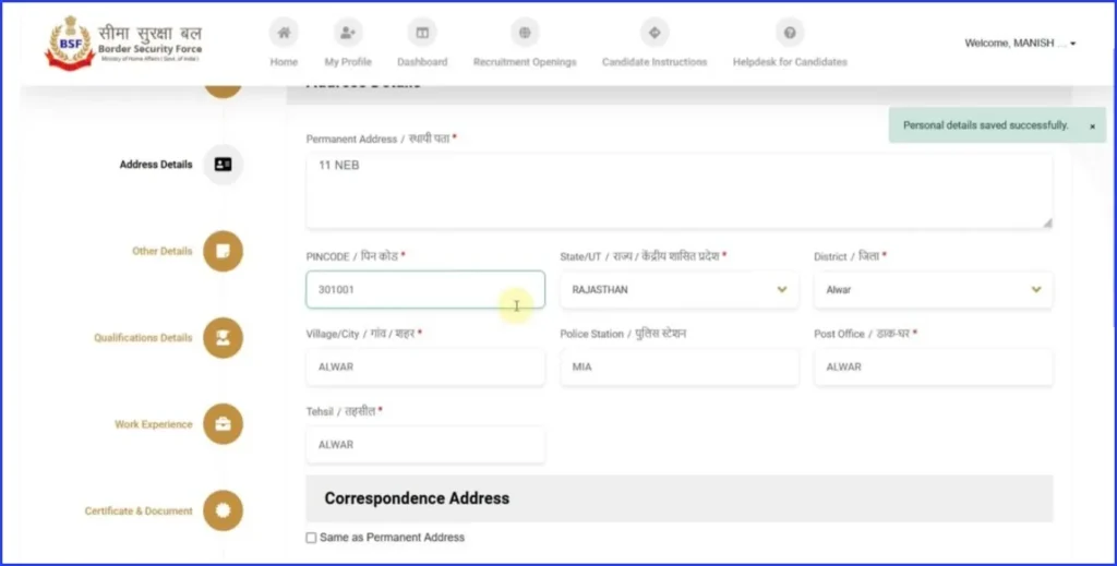 BSF Enter address details, personal details, qualifications