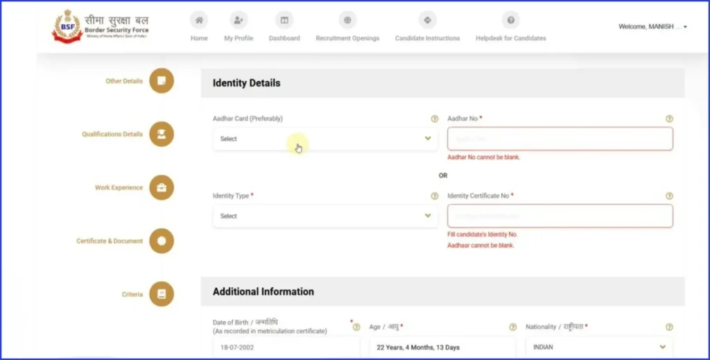 BSF OTP verification, a dashboard