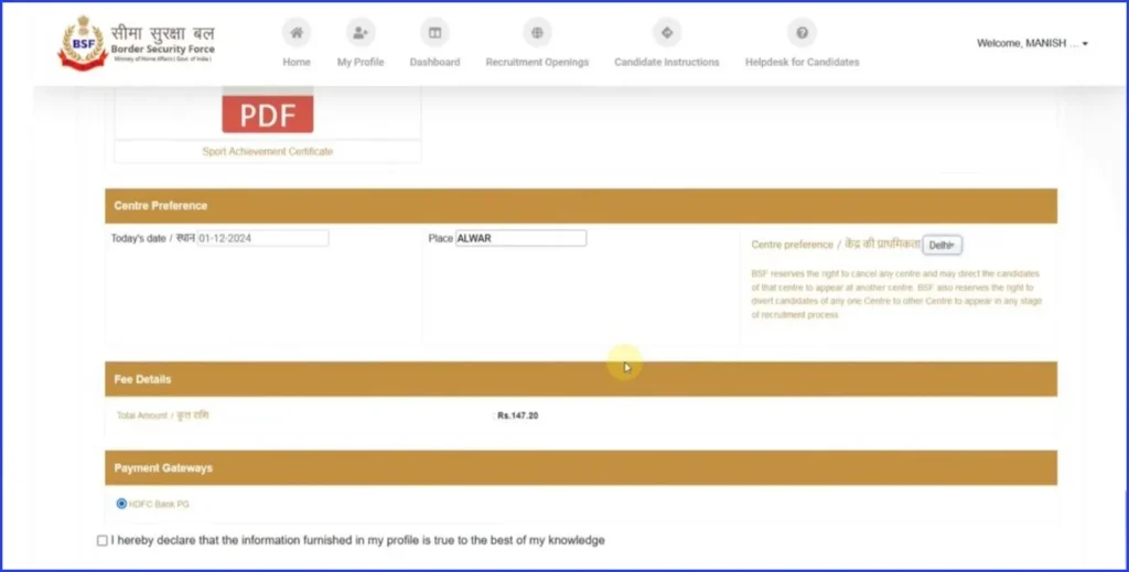 BSF place name and choose your Centre preference